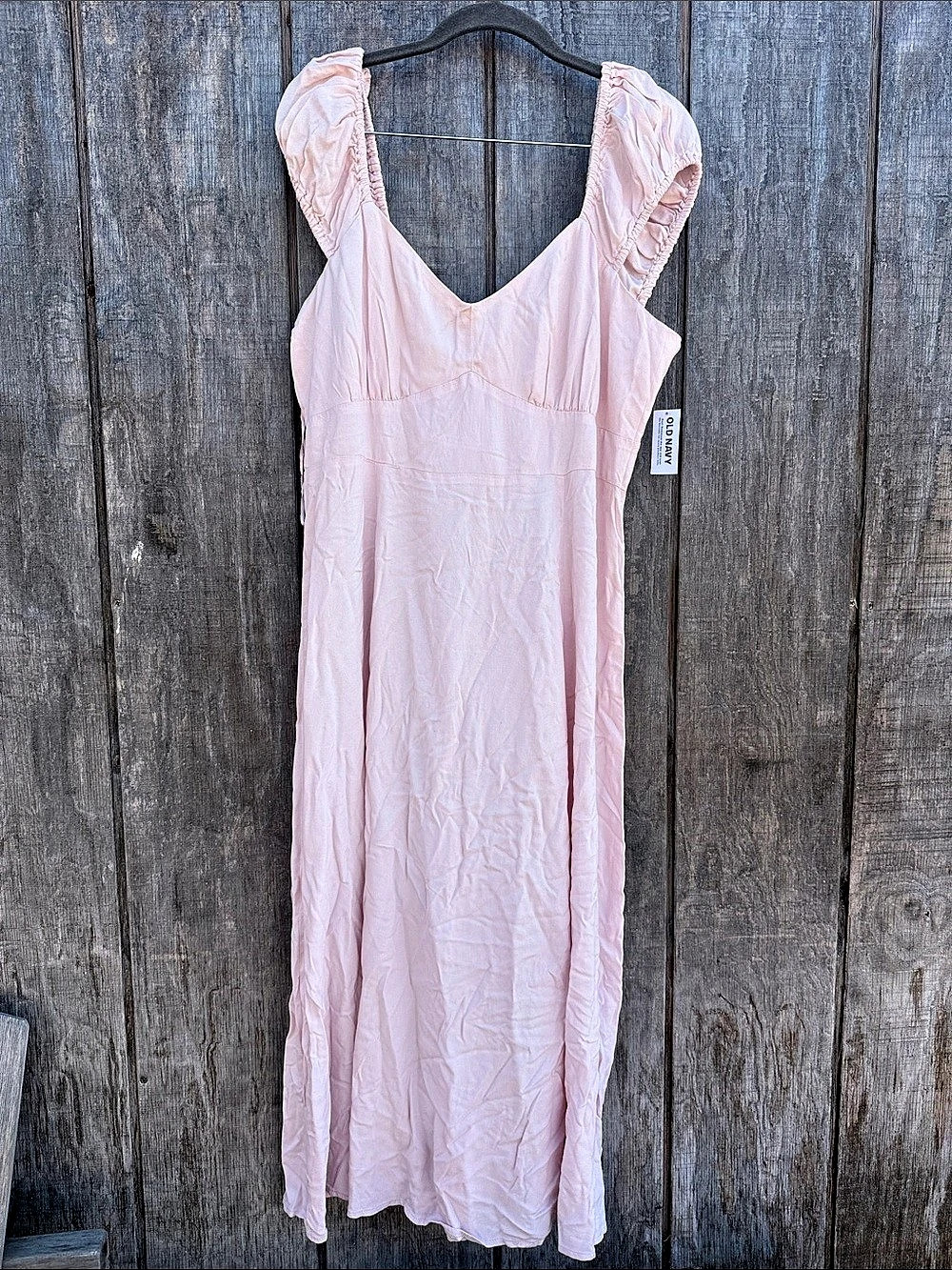 Old Navy Waist-Defined Puff-Sleeve Fit & Flare Midi Dress Pink Sweet Heart Neck